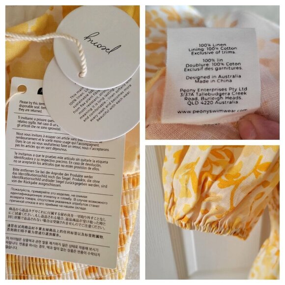 Peony Swimwear Linen Smocked Mini Dress Daffodil Floral Dress- M - Picture 7 of 11